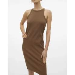 Robe col rond sans manches marron en coton bio Kai