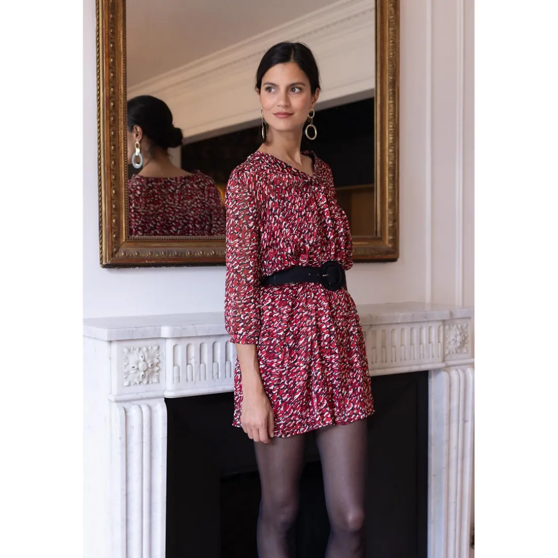 Robe col V imprimée léopard Dora rouge