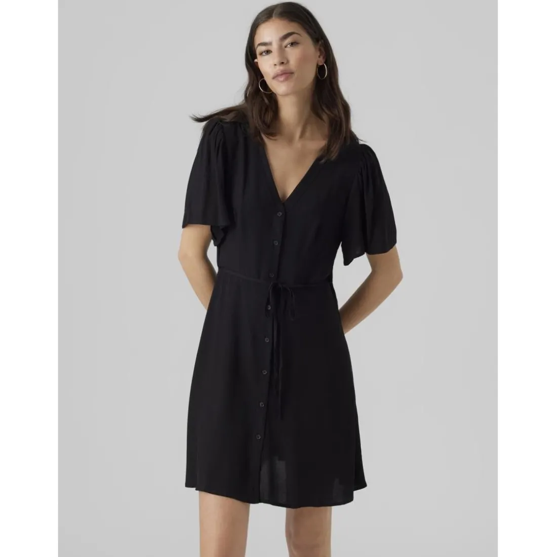 Robe court col en v manches larges manches courtes noir Mia