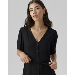 Robe court col en v manches larges manches courtes noir Mia