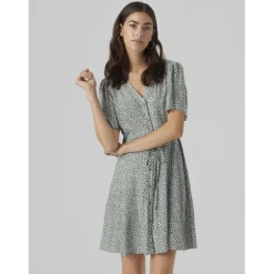 Robe court col en v manches larges manches courtes vert Zola