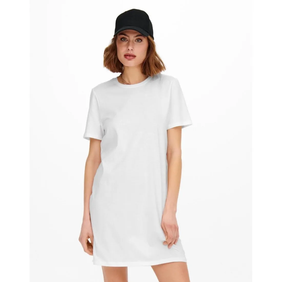 Robe courte Col rond Manches courtes Au-dessus du genou blanc en coton