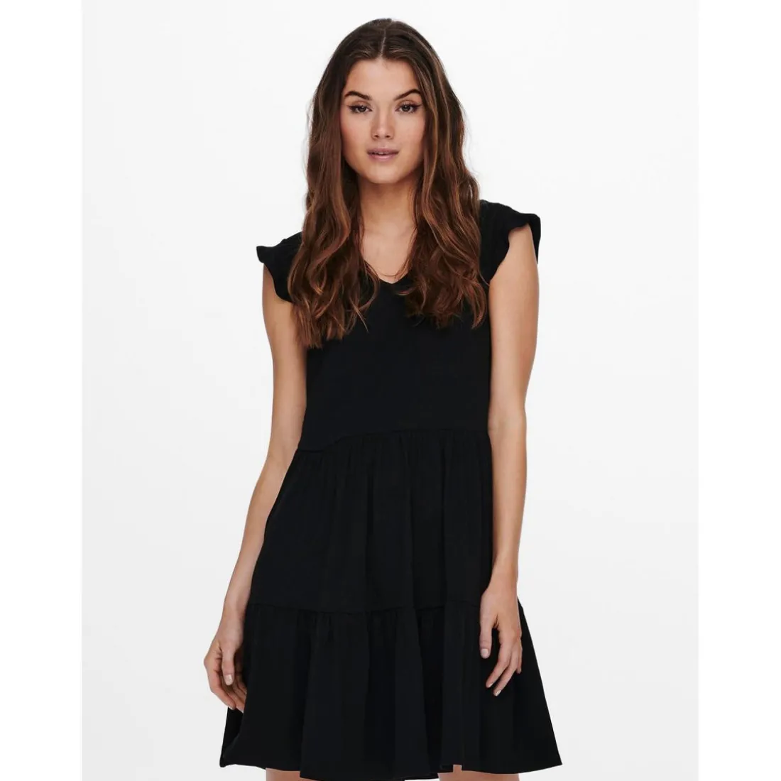Robe courte Col rond Manches courtes Au-dessus du genou noir en coton Lana