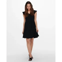 Robe courte Col rond Manches courtes Au-dessus du genou noir en coton Lana
