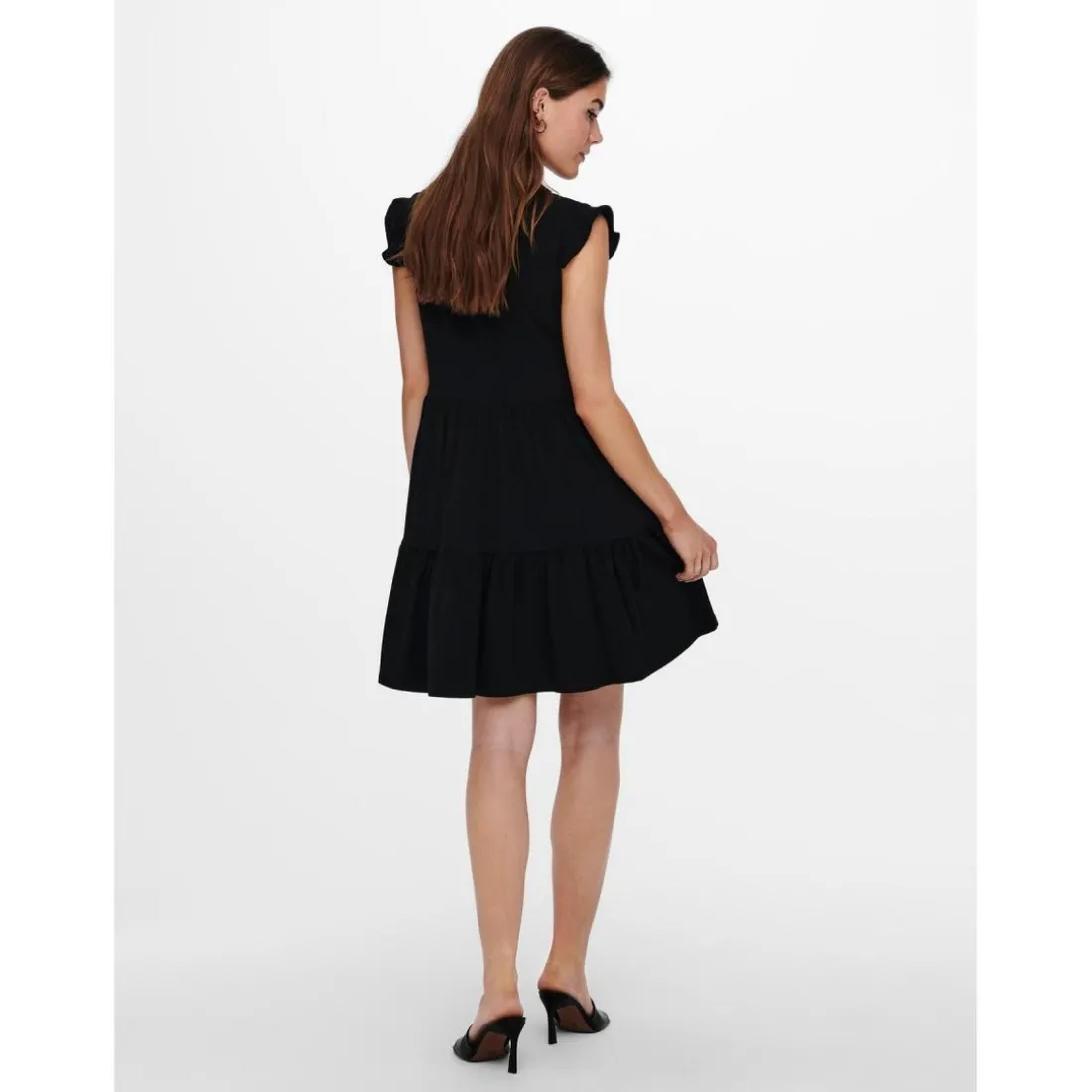 Robe courte Col rond Manches courtes Au-dessus du genou noir en coton Lana