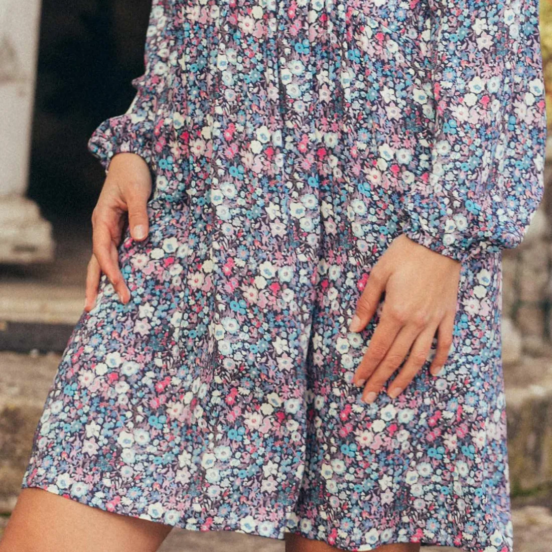 Robe courte imprimée Nina Réédition bleu en viscose