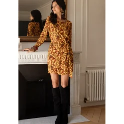 Robe courte imprimée toile de jouy - Valéria jaune en viscose