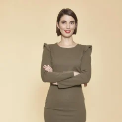 Robe courte manches longues avec volants femme - Kaki
