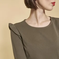 Robe courte manches longues avec volants femme - Kaki