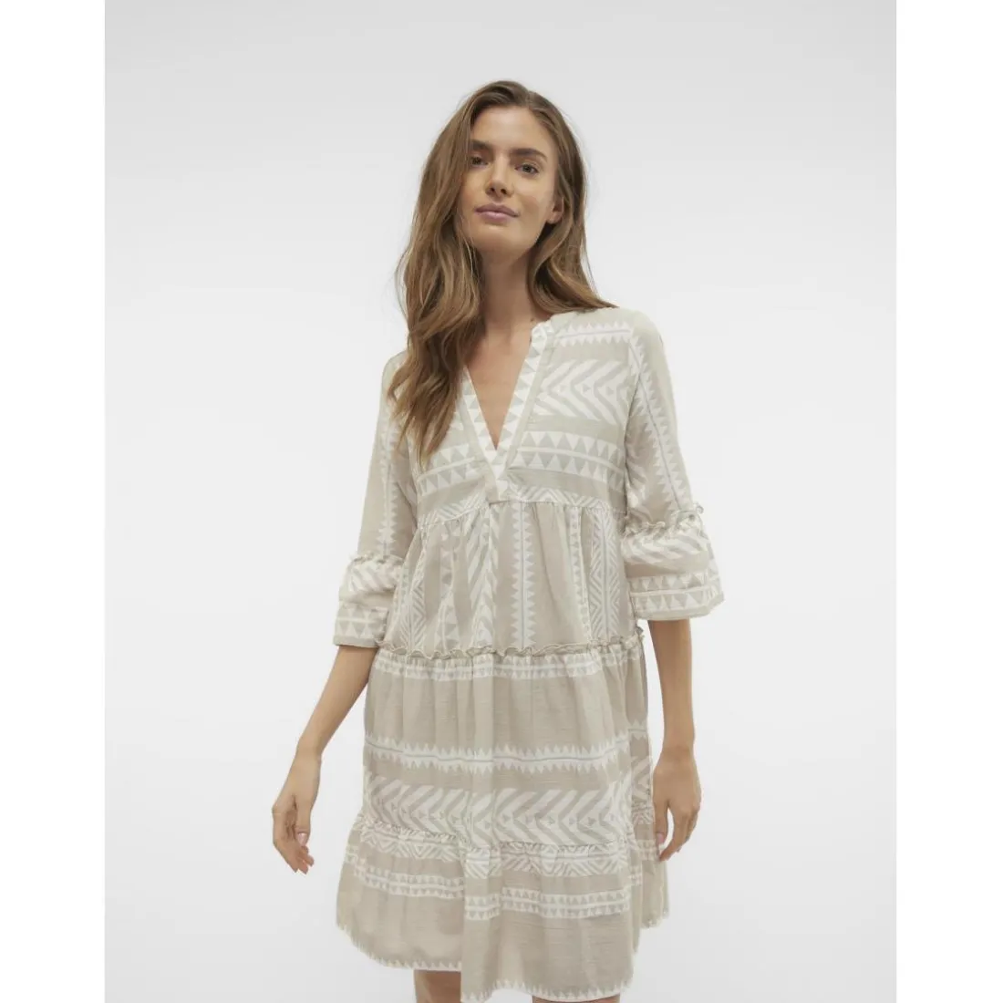 Robe courte tunique court col en v manches larges manches 3/4 gris Skye