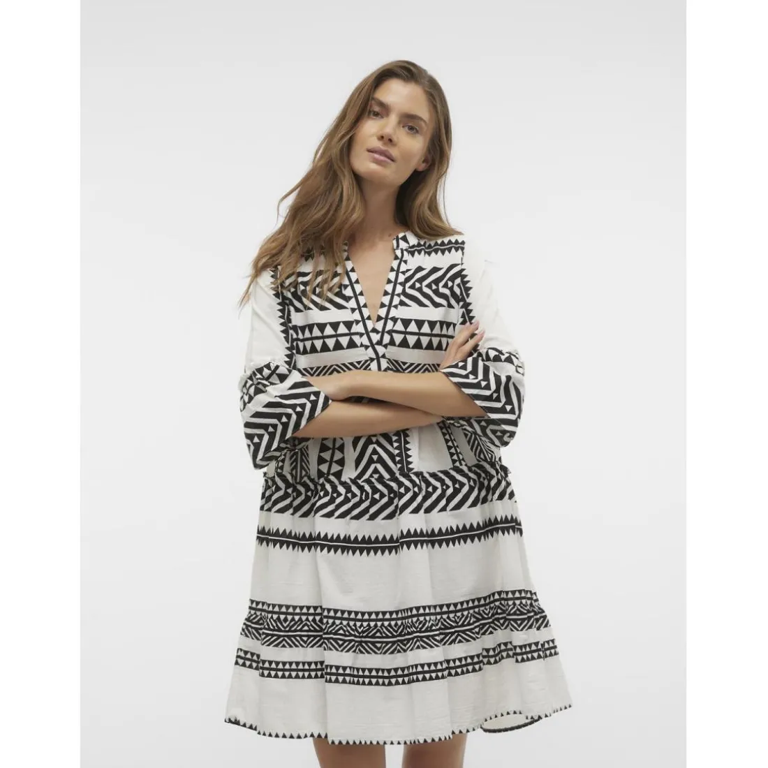 Robe courte tunique court col en v manches larges manches 3/4 blanc Zoe