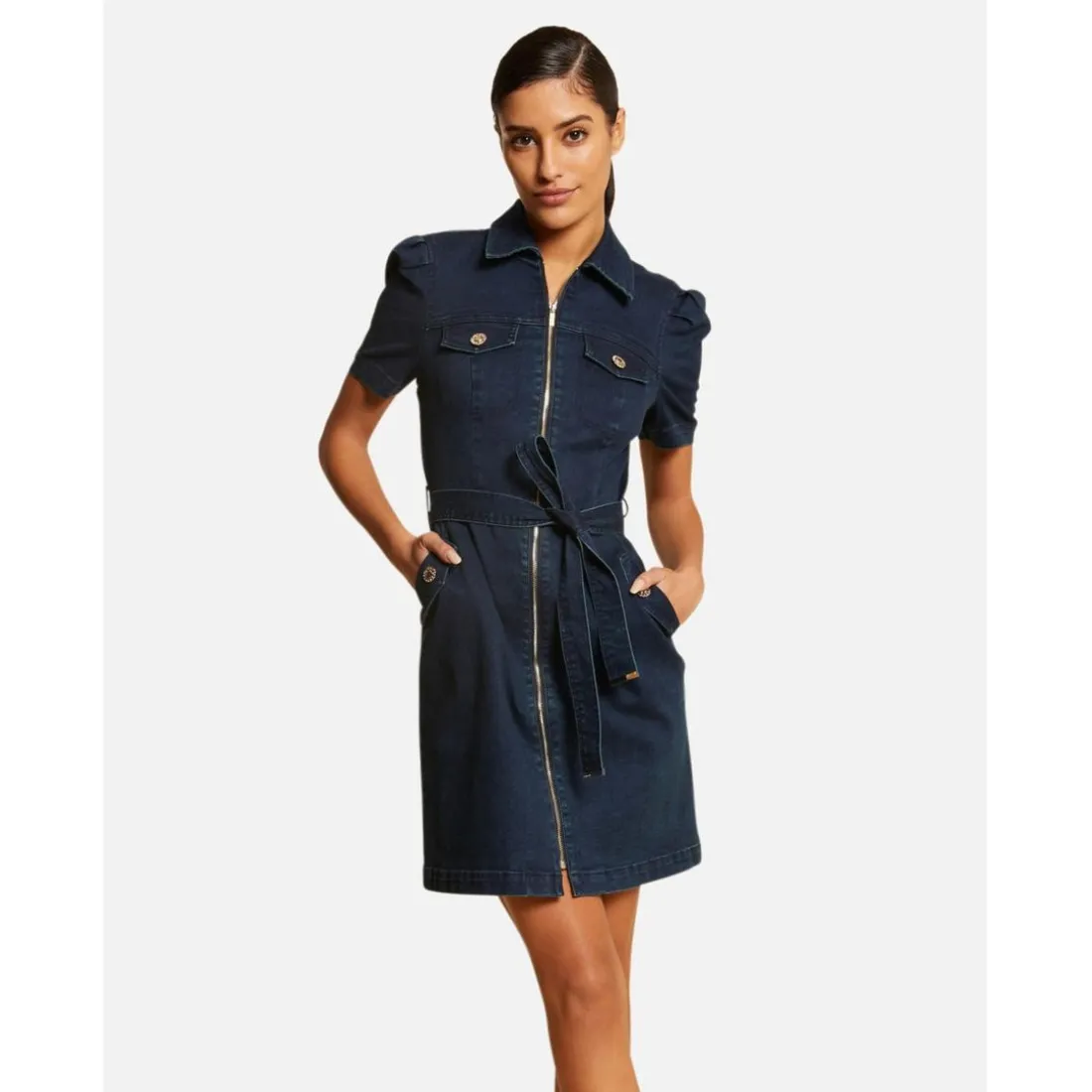 Robe droite zippée ceinturée en jean