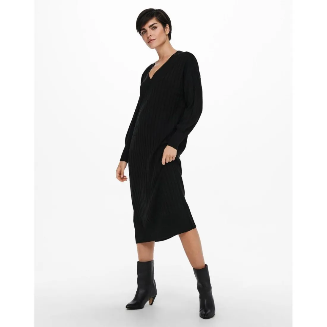 Robe en maille Col en V Manches longues Au-dessus du genou noir