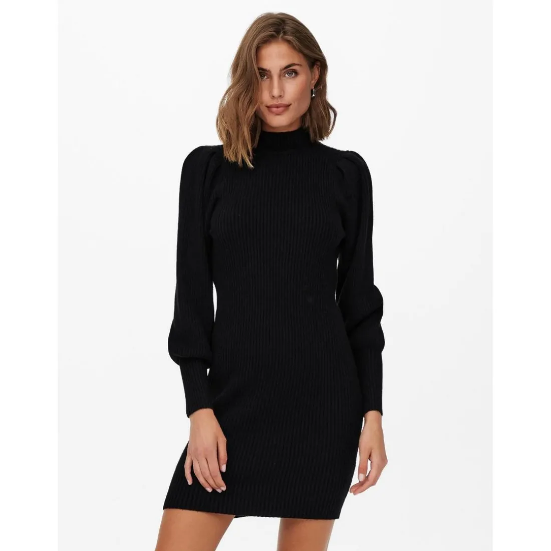 Robe en maille Col haut Manches longues Longueur mini noir