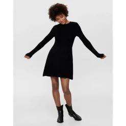 Robe en maille Col rond Manches longues Au-dessus du genou noir