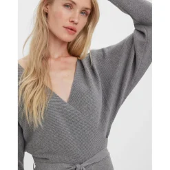 Robe en maille Regular Fit Col en V Manches longues Au-dessus du genou gris