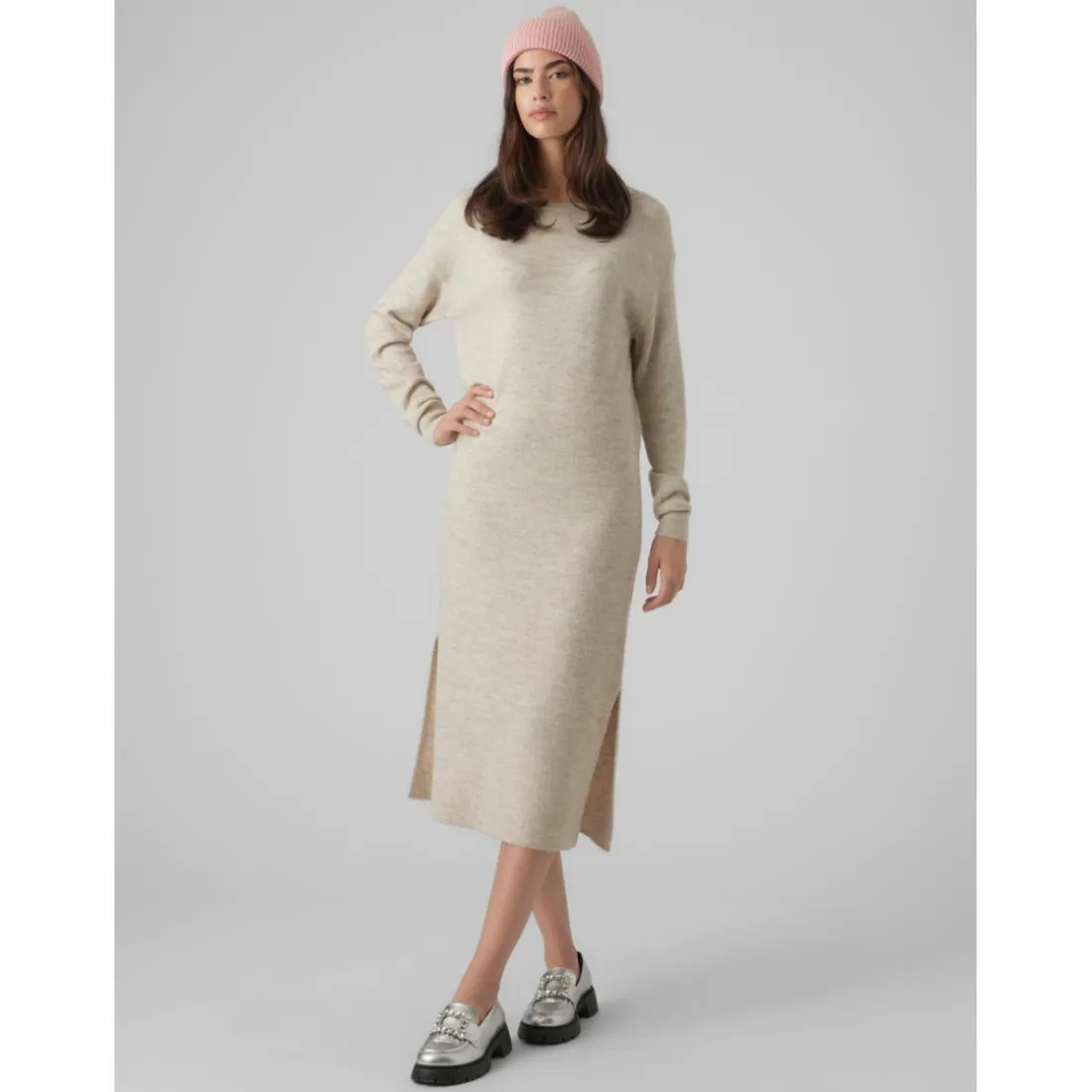 Robe en maille Relaxed Fit Col bateau Manches longues Sous le genou gris