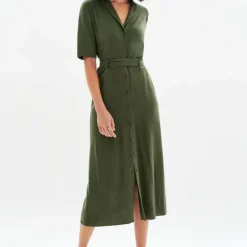 Robe longue femme vert kaki en viscose