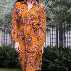 Robe longue fleur pois Molly moutarde en viscose