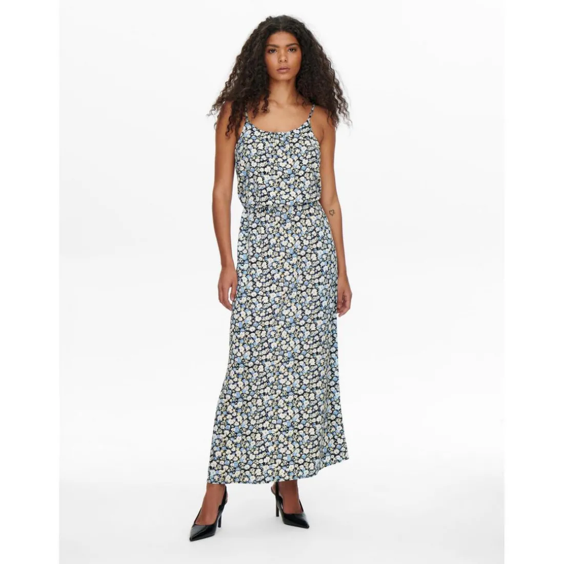 Robe longue Imprimé all over Col en U Sans manches Découpe à la taille Longueur maxi bleu