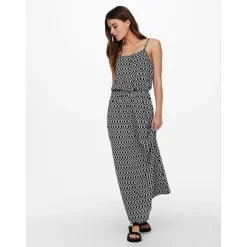 Robe longue Imprimé all over Col en U Sans manches Découpe à la taille Longueur maxi noir Ora