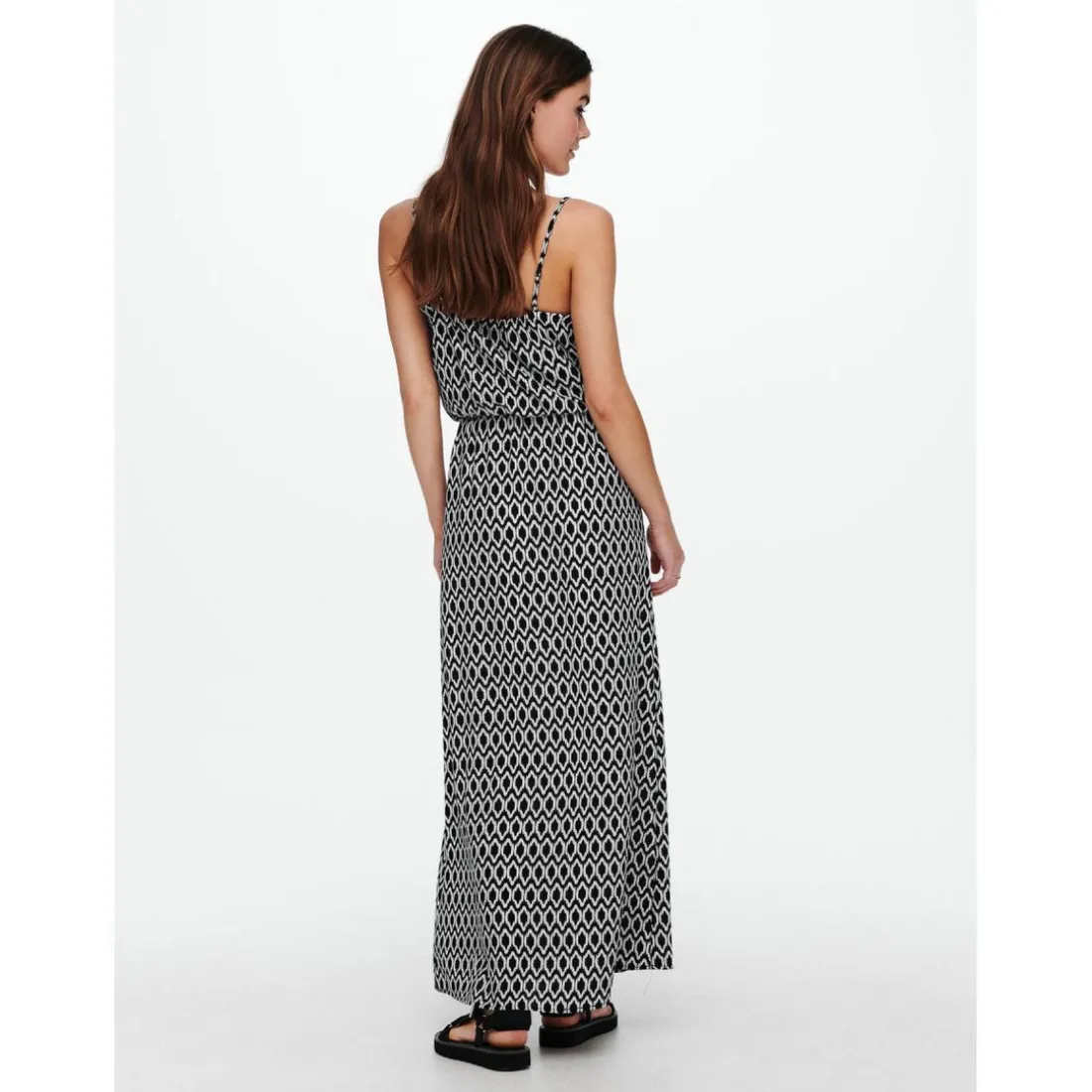 Robe longue Imprimé all over Col en U Sans manches Découpe à la taille Longueur maxi noir Ora