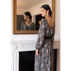 Robe longue imprimée jungle Nancy gris en viscose