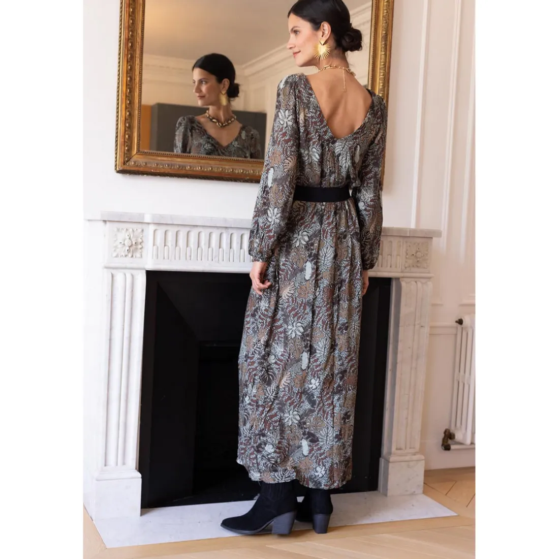 Robe longue imprimée jungle Nancy gris en viscose