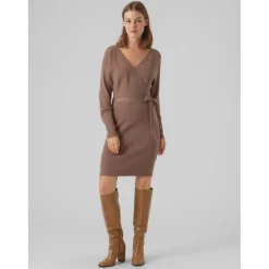 Robe longue Regular Fit Col en V Manches longues Au-dessus du genou marron