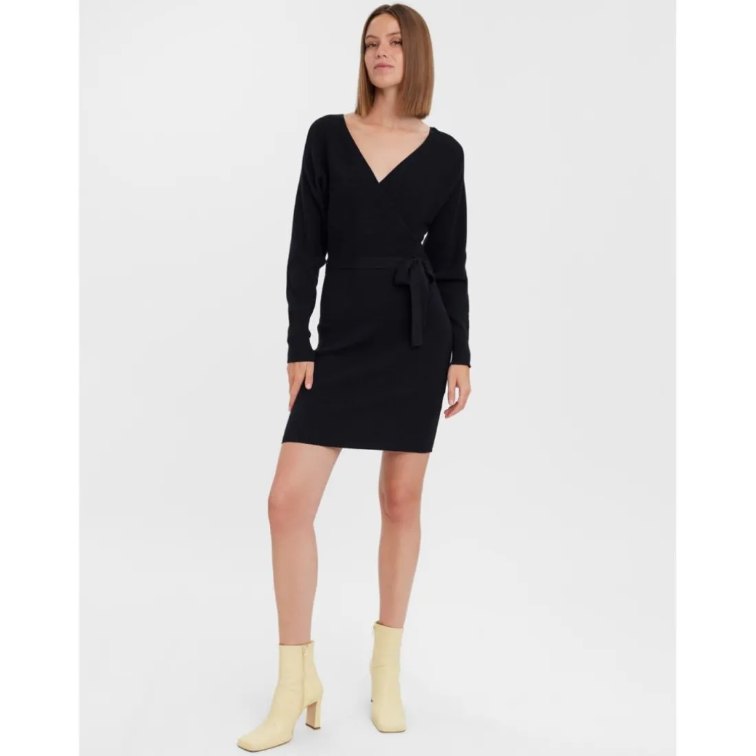 Robe longue Regular Fit Col en V Manches longues Au-dessus du genou noir