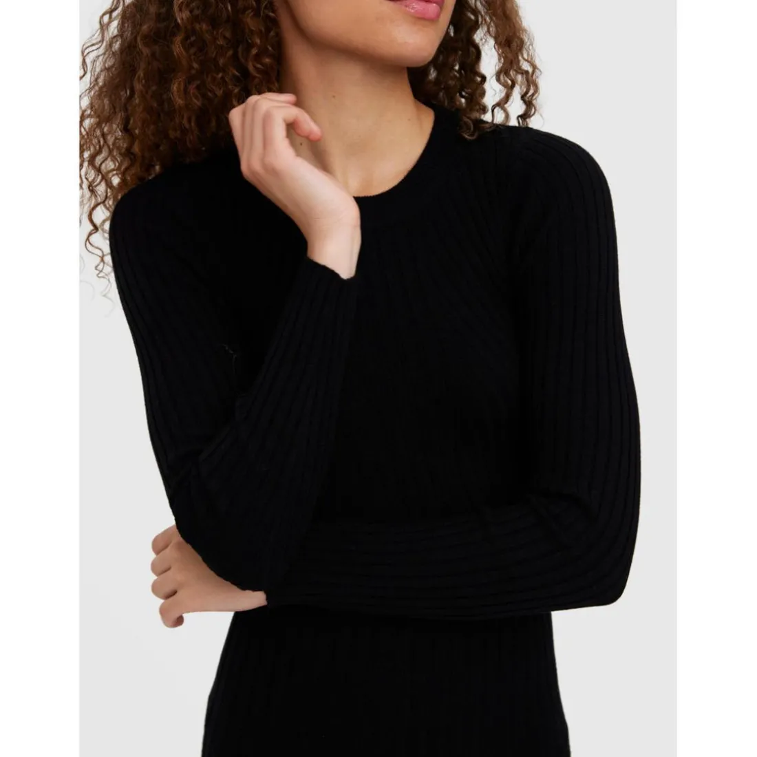 Robe longue Slim Fit Col rond Manches longues noir en viscose
