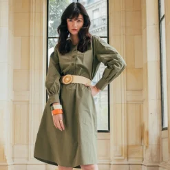 Robe manches longues ceinturée en popeline kaki Dali Réédition
