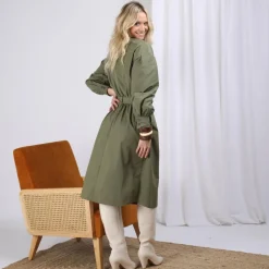 Robe manches longues ceinturée en popeline kaki Dali Réédition