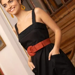 Robe midi avec broderie Sandra noir en coton