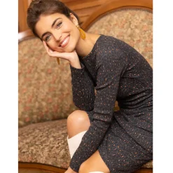 Robe mi-longue imprimée col bateau manches longues femme - Imprimé Gris Chiné