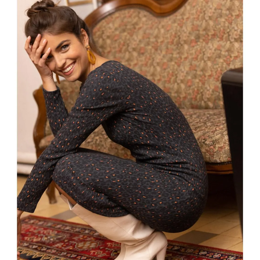 Robe mi-longue imprimée col bateau manches longues femme - Imprimé Gris Chiné