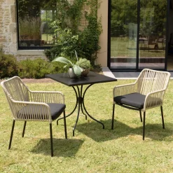 Salon de jardin 2 personnes Table carrée et 2 fauteuils beiges et noirs en cordage