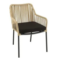 Salon de jardin 2 personnes Table carrée et 2 fauteuils beiges et noirs en cordage