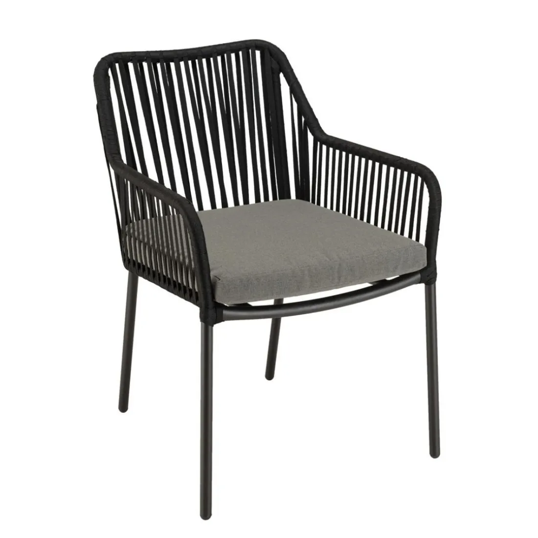 Salon de jardin 2 personnes Table ronde 70x70cm et 2 fauteuils gris et noirs en cordage