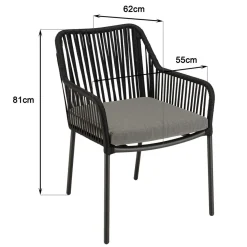 Salon de jardin 2 personnes Table ronde 70x70cm et 2 fauteuils gris et noirs en cordage