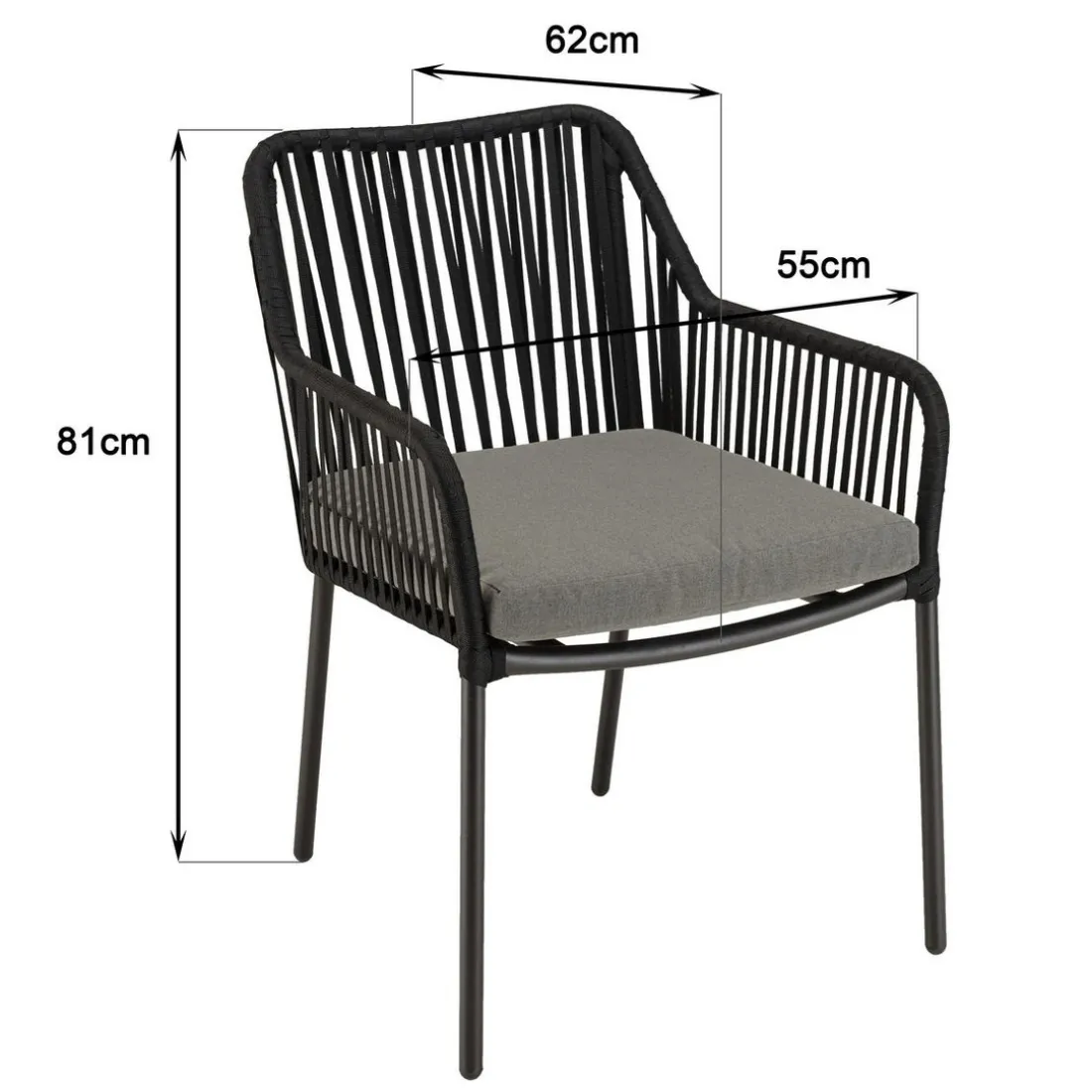 Salon de jardin 2 personnes Table ronde 70x70cm et 2 fauteuils gris et noirs en cordage