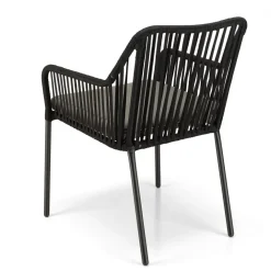 Salon de jardin 2 personnes Table ronde 70x70cm et 2 fauteuils gris et noirs en cordage