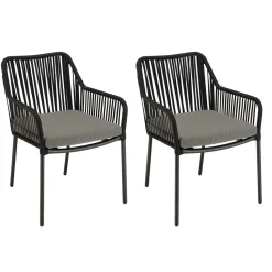 Salon de jardin 2 personnes Table ronde 70x70cm et 2 fauteuils gris et noirs en cordage