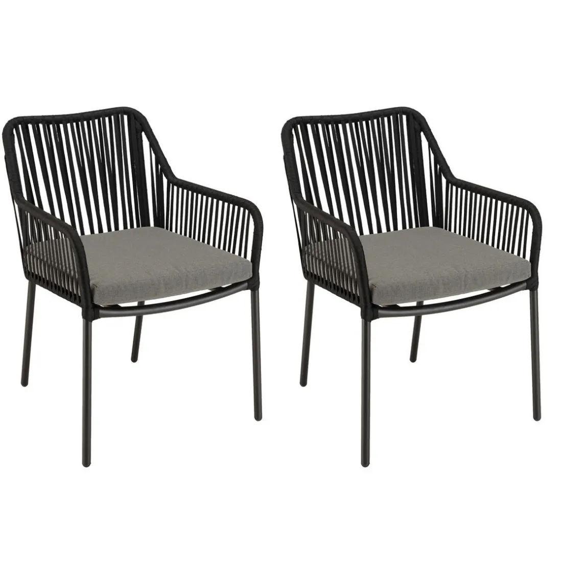 Salon de jardin 2 personnes Table ronde 70x70cm et 2 fauteuils gris et noirs en cordage