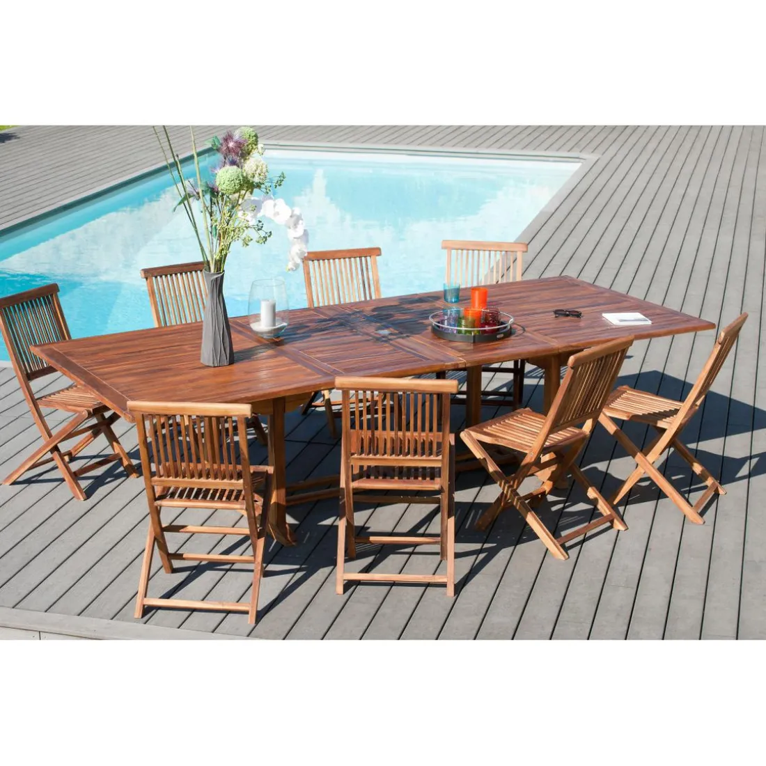 SALON DE JARDIN EN BOIS TECK 10/12 pers - Ensemble de jardin - 1 Table rectangulaire extensible 200/300*120 cm et 8 chaises