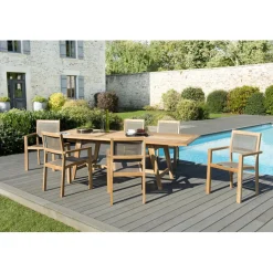 SALON DE JARDIN EN BOIS TECK 8/10 pers - Ensemble de jardin - 1 Table rectangulaire scandi extensible 180/240*100 cm - 6 fauteuils empilables textilène couleur taupe.