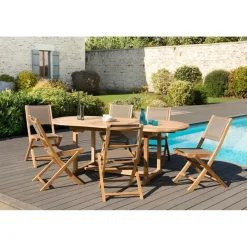 SALON DE JARDIN EN BOIS TECK 6/8 pers - Ensemble de jardin - 1 Table ovale extensible 150*200/90 cm et 6 chaises textilène
