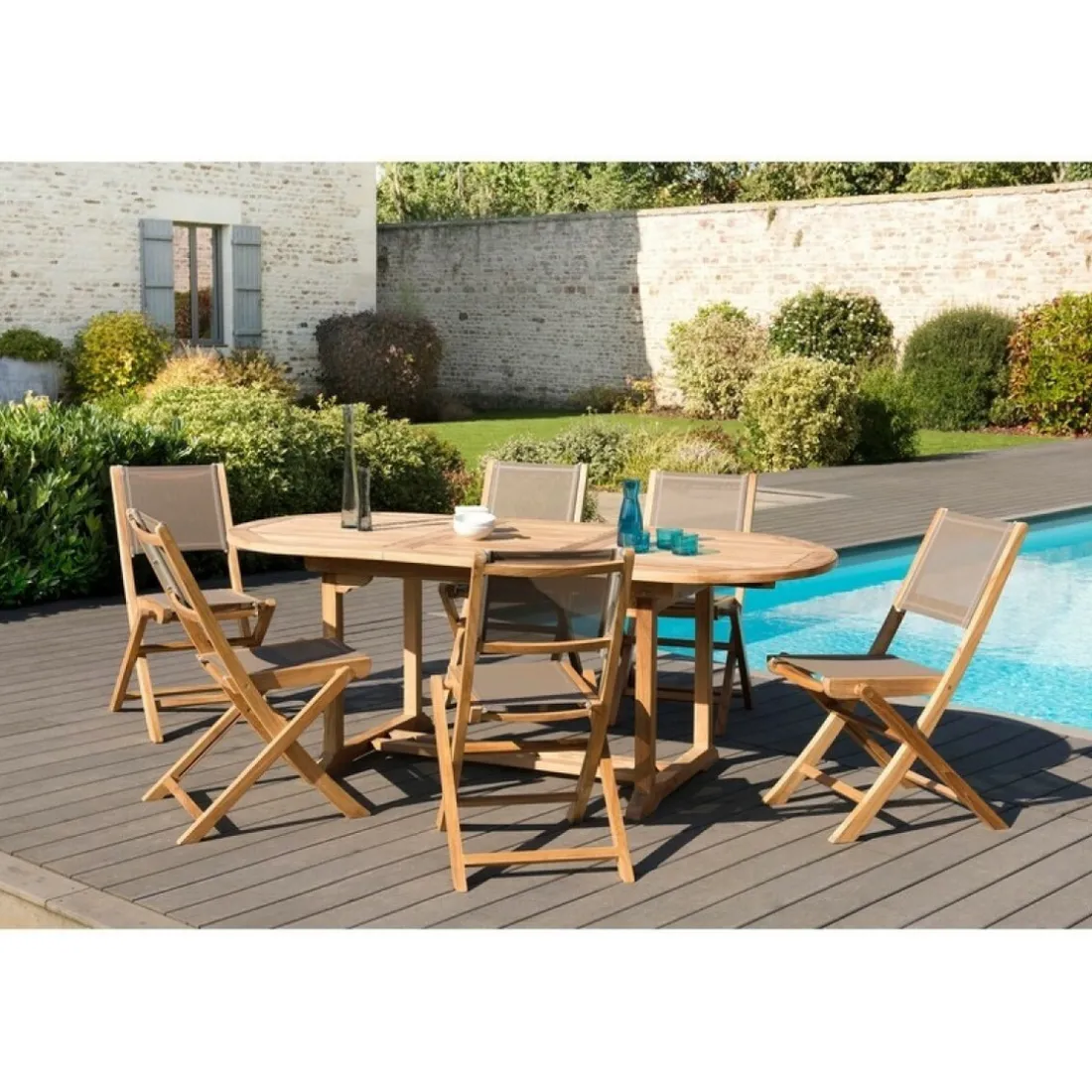 SALON DE JARDIN EN BOIS TECK 6/8 pers - Ensemble de jardin - 1 Table ovale extensible 150*200/90 cm et 6 chaises textilène