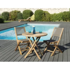 SALON DE JARDIN EN BOIS TECK 2 pers - Ensemble de jardin - 1 Table ronde pliante 80 cm et 2 chaises textilène taupe.