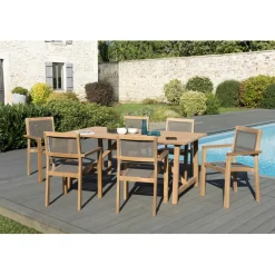 SALON DE JARDIN EN BOIS TECK 6/8 pers -Ensemble de jardin -1 Table rectangulaire 180*90 cm et 6 fauteuils empilables textilène taupe